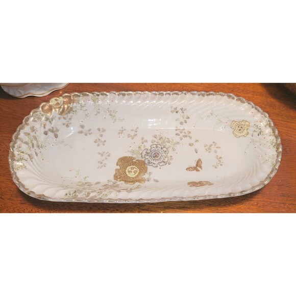 Antique Fine Bone China Serving Dish, w scalloped sides, real gold guilt flowers - Picture 6 of 12